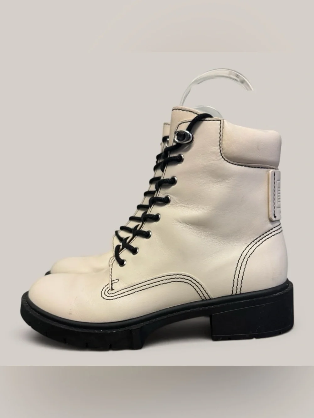COACH Lorimer Lace Up Lug Sole Combat Leather Booties  Chalk Sz 6